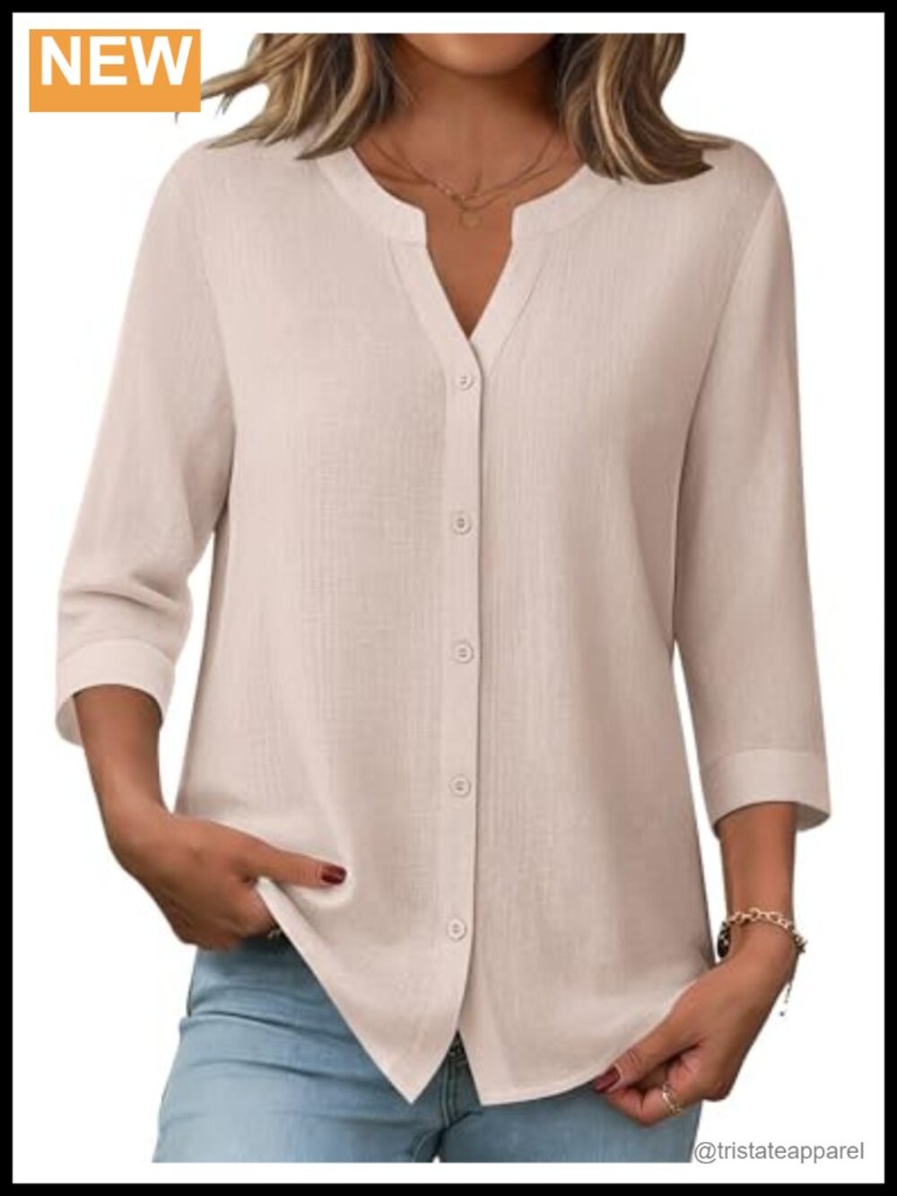Linen Cotton Button Down Shirt 3/4 Sleeve Collared V Neck Blouse
